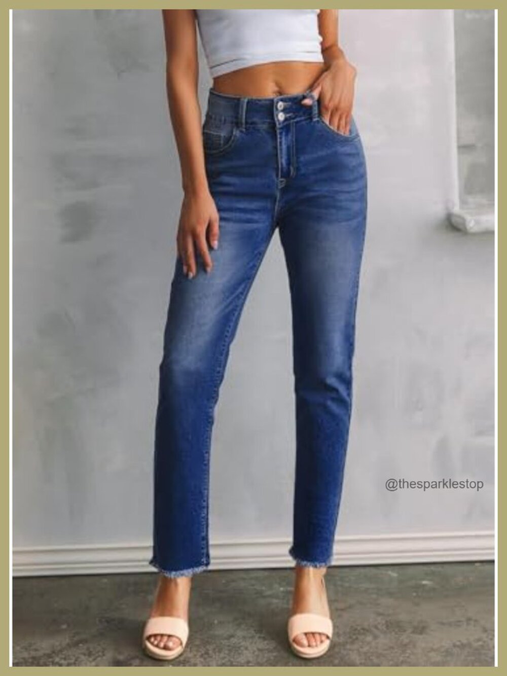 High Waisted Raw Hem Straight Leg Jeans | Double Button Tummy Control Stretch - Picture 4 of 6